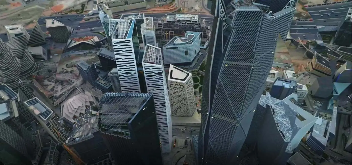 Banner image for the PIF events page showing an aerial view of King Abdullah Financial District (KAFD) skyscrapers