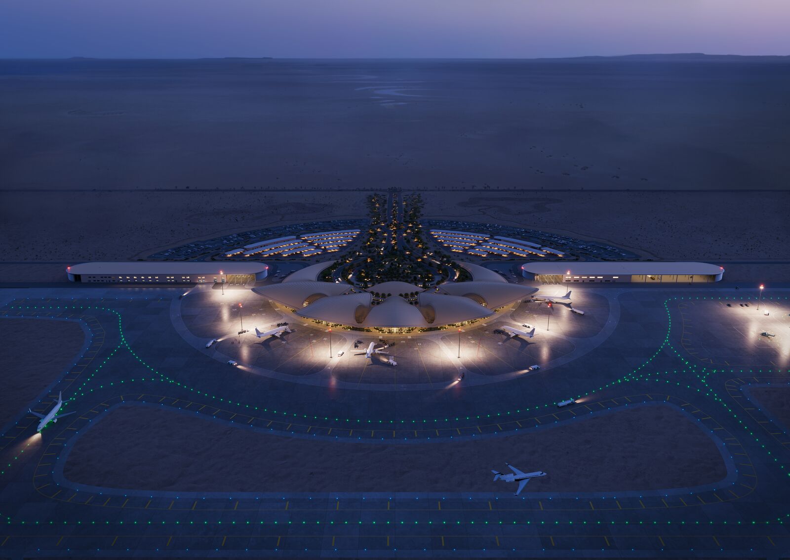 Aerial view of the Red Sea International Airport, illustrating its modern infrastructure and desert integration